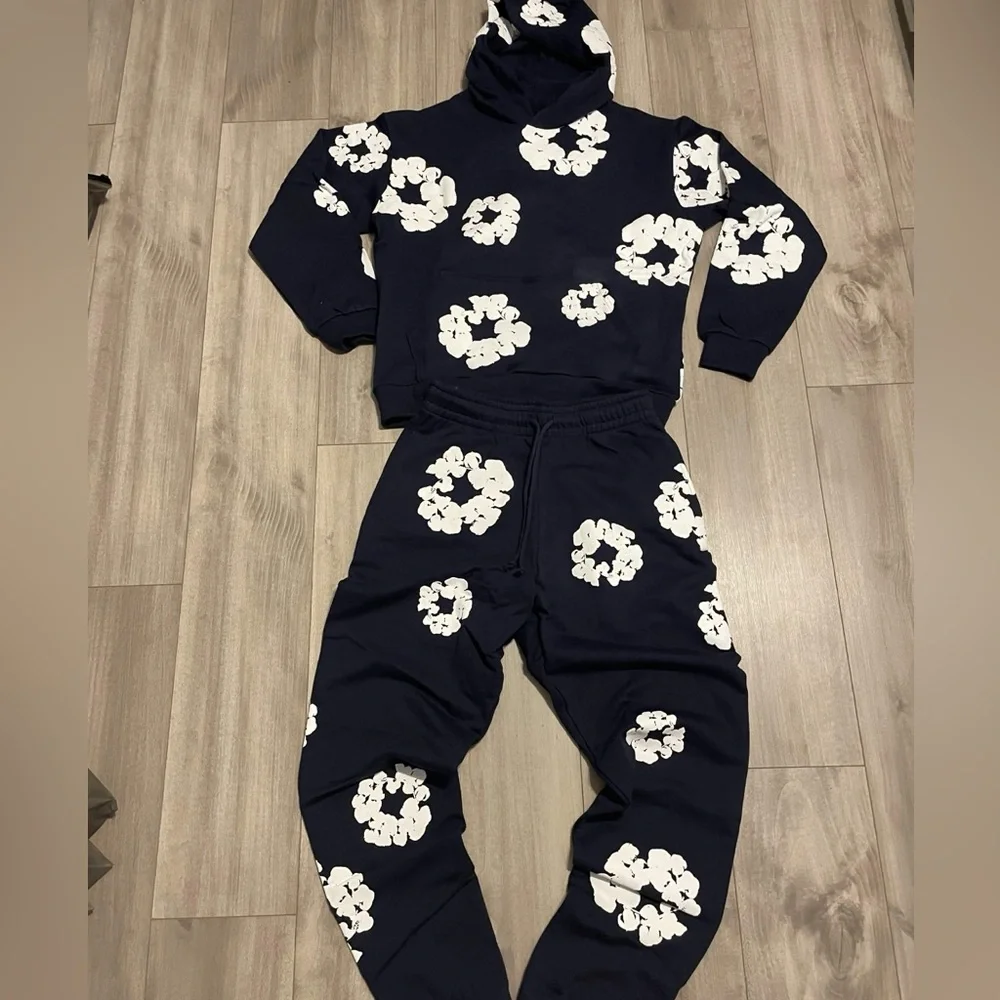 Xl Navy denim tears hoodie and sweatpants set cuffed